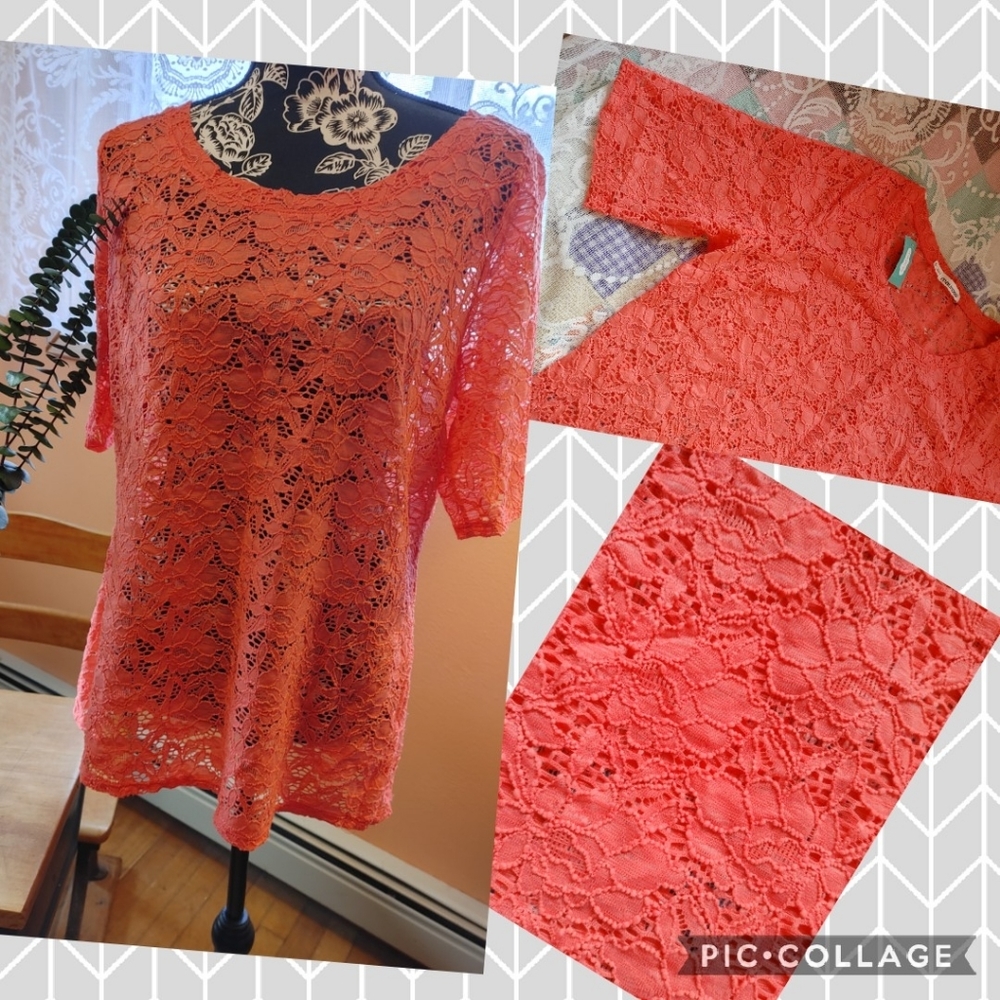 NWT pink coral lace summer top 0 XL Large